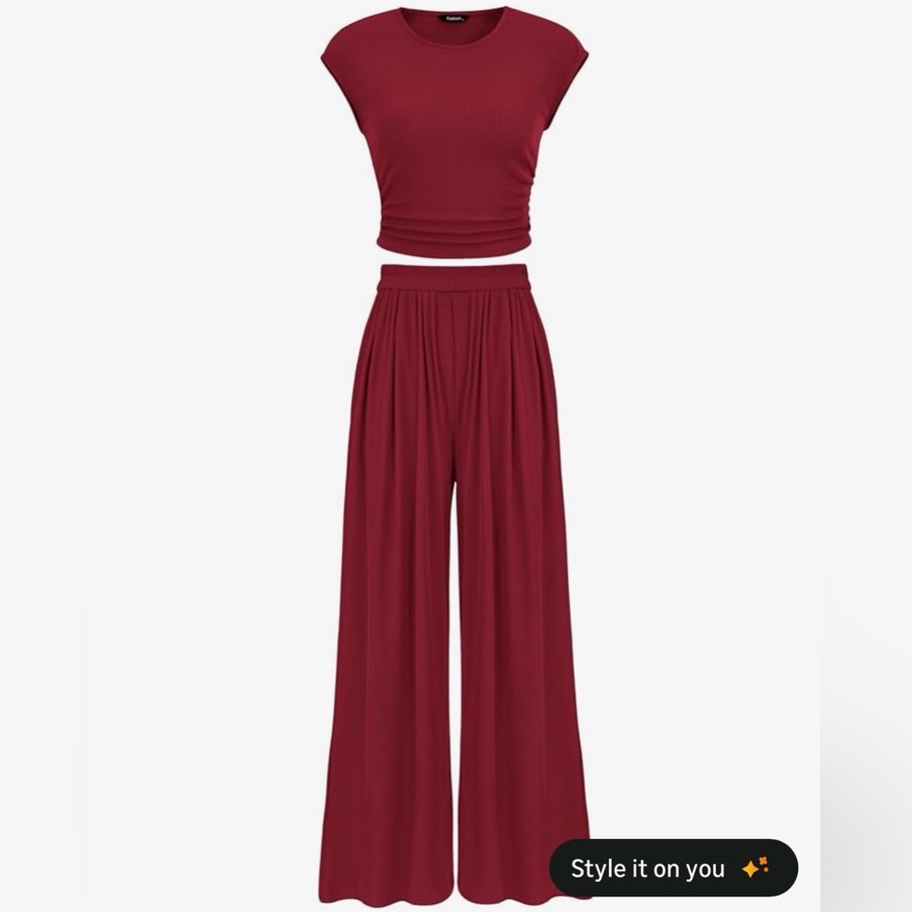 PRETTYGARDEN Two Piece Women's Outfit Ruched Top Wide Leg Pants Wine Red Size M